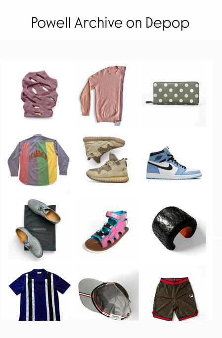 A grid of the fashion resale items for sale on the Powell Archive Depop.